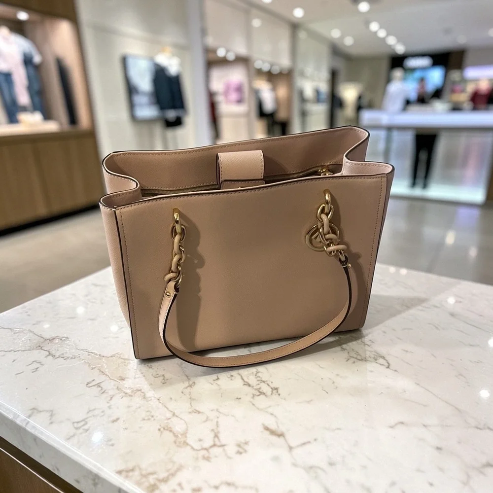 Michael Kors Cynthia Tote Women Large Pink Excellent Saffiano Leather Gold Chain - Picture 5 of 10